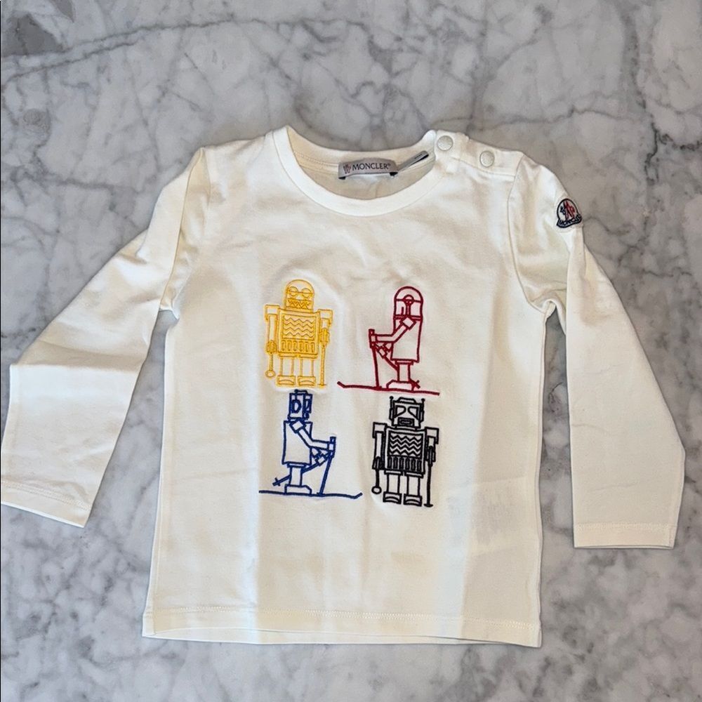 Moncler White and Yellow Long Sleeve Tee with Graphic Print 18/24M